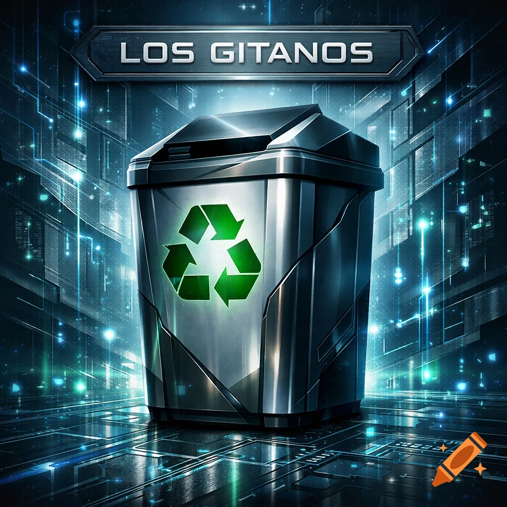 A futuristic metallic recycling bin with a glowing green symbol, set in a dark, high-tech environment with blue circuit lights, under a banner reading "LOS GITANOS".