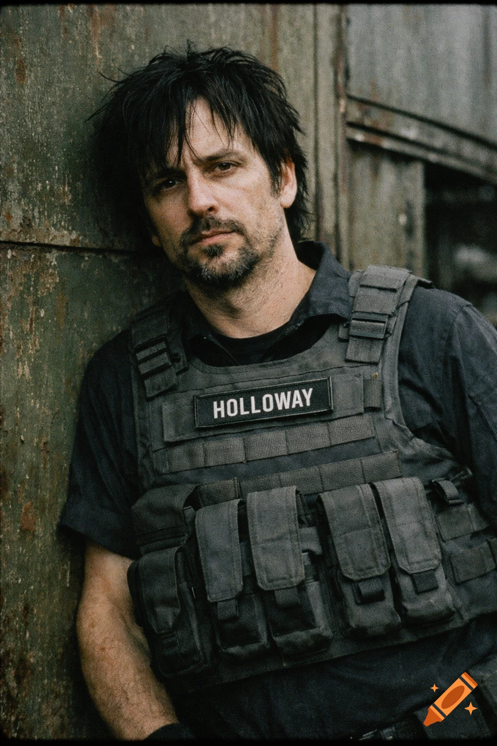 A photorealistic portrait of a pale man with black disheveled hair and a goatee, wearing a tactical vest with "HOLLOWAY" on it, leaning on an olive drab wall.