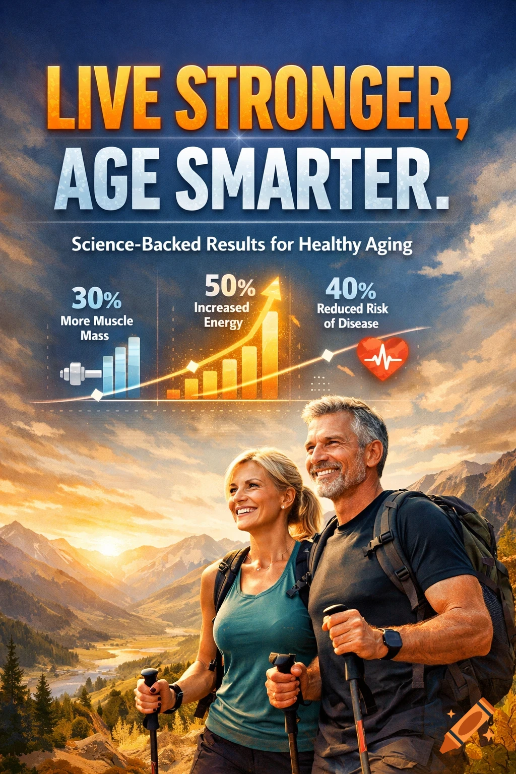 A smiling older couple hikes in mountains at sunset, with text "LIVE STRONGER, AGE SMARTER." and health benefits listed.