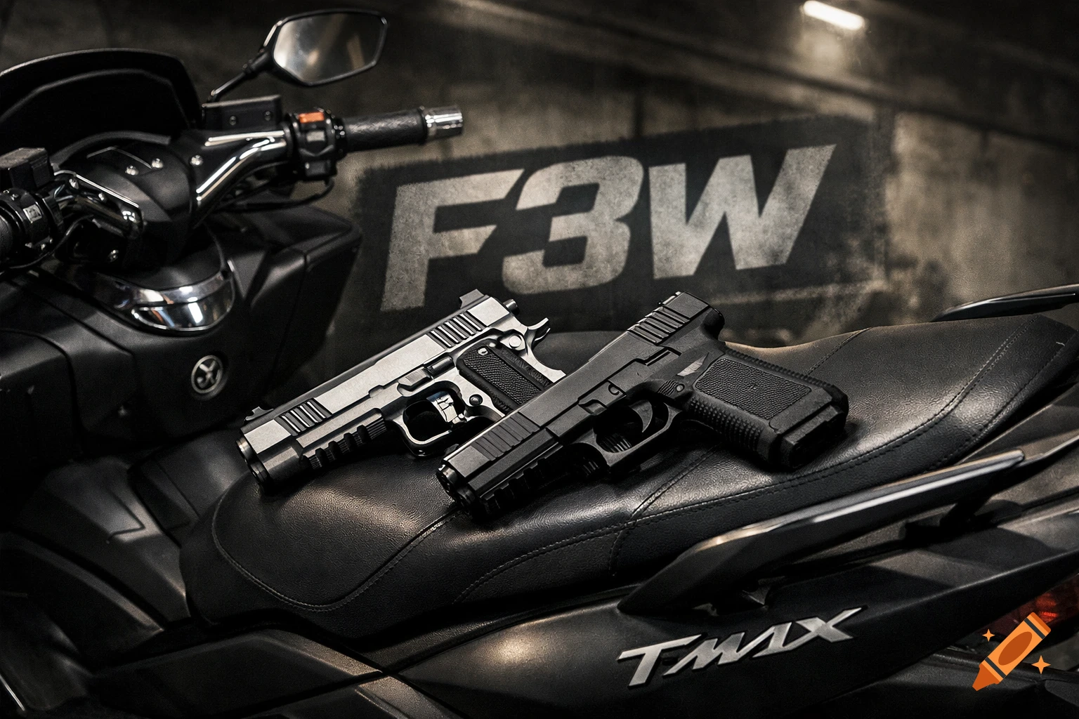 Two pistols, one silver and one black, rest on the black leather seat of a TMAX motorcycle. The letters "F3W" are visible on a blurred background wall, photorealistic.