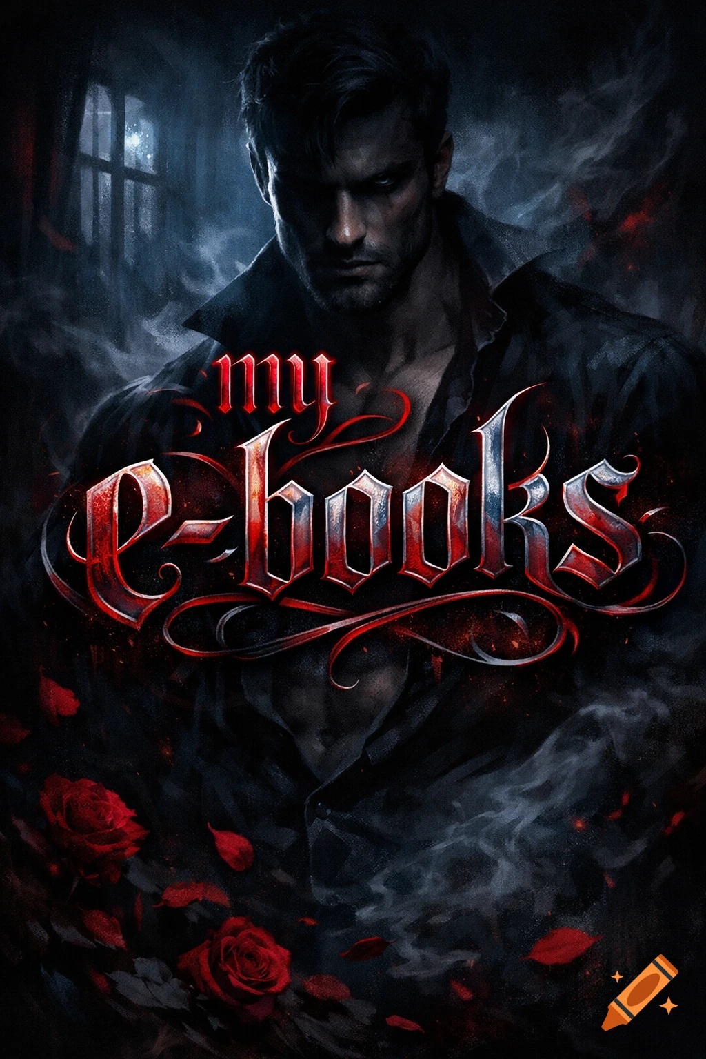 A dark fantasy illustration of an intense man with an open shirt, text 'my e-books', red roses, and smoke.