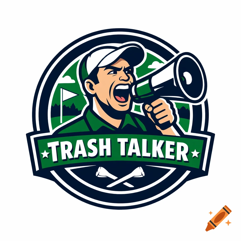Circular golf logo with a cartoon man yelling into a megaphone, featuring 'TRASH TALKER' text and crossed golf tees.