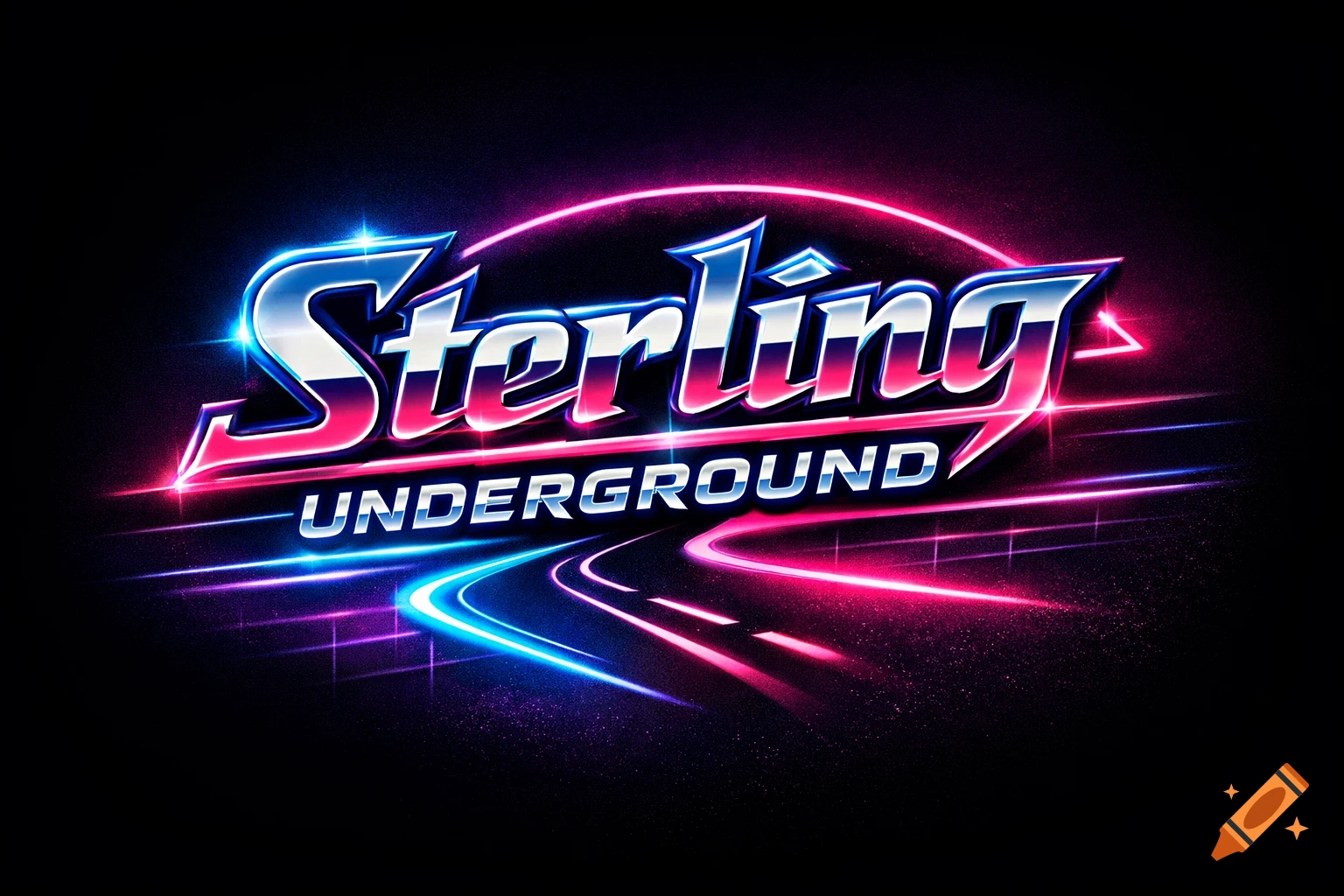 Neon 'Sterling Underground' logo with shiny chrome letters, glowing pink and blue outlines, and stylized road lines on a dark background.