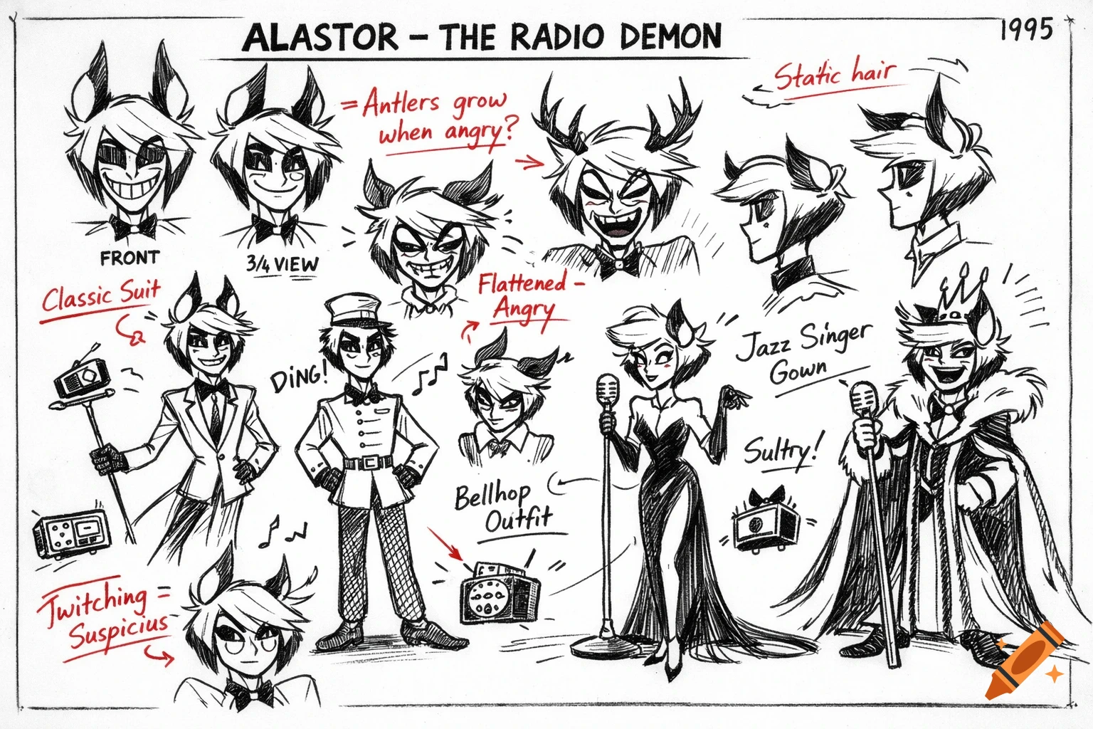 A black and white character model sheet of Alastor the Radio Demon, showing various expressions, head views, and outfits like a suit, bellhop uniform, and jazz gown, with red handwritten notes. Cartoon sketch style.