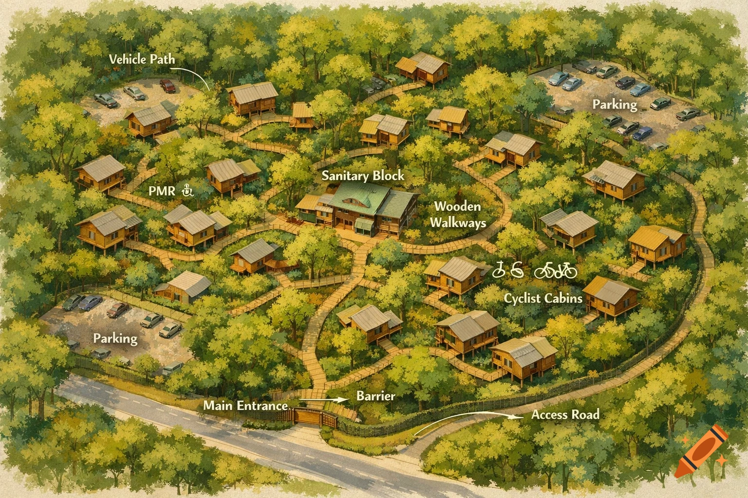 An overhead watercolor-style map of a forest resort with numerous cabins, wooden walkways, parking areas, and facilities labeled in English, all surrounded by lush green trees.