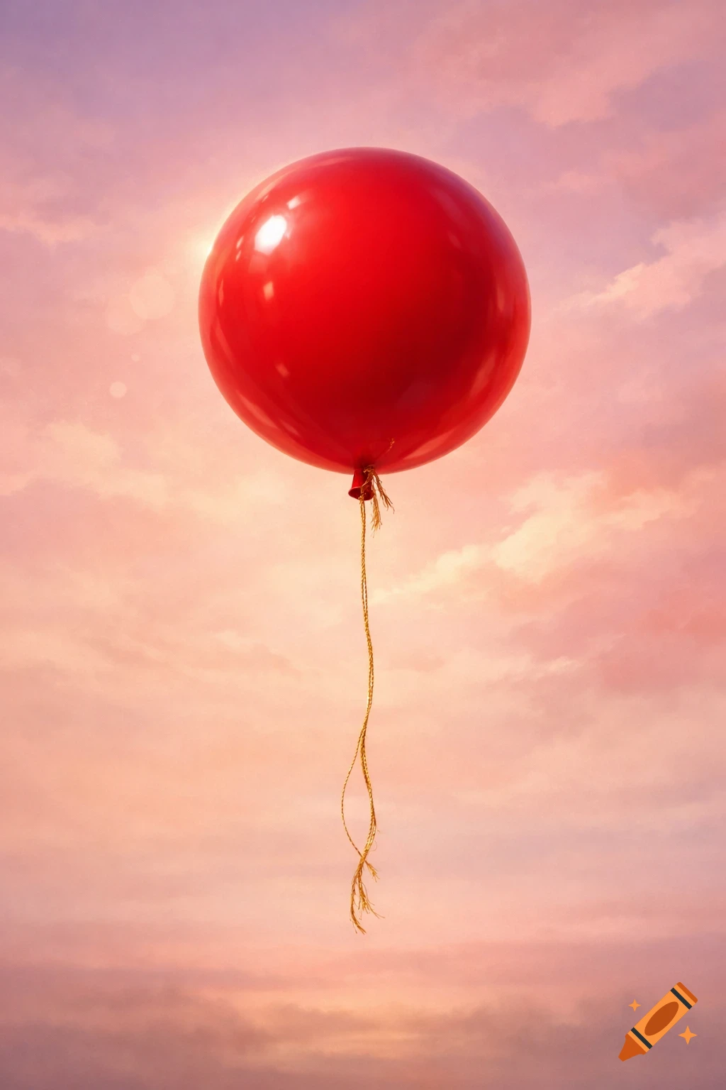 A vibrant red balloon with a golden string floats against a soft pink and purple sky with subtle clouds and a sun flare.