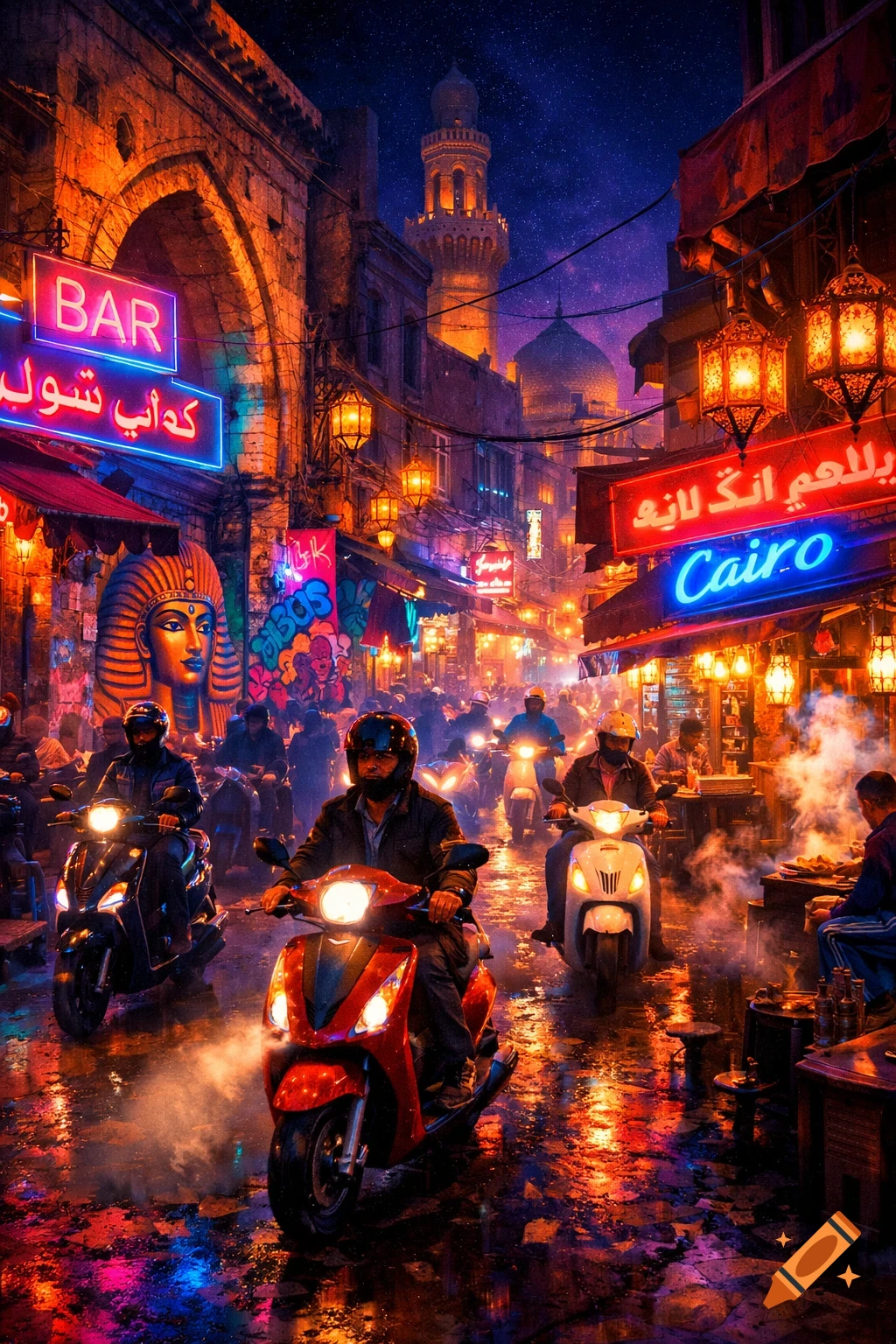Vibrant, neon-lit night street in Cairo with motor scooters, traditional lanterns, and reflections on wet ground, under a starry sky.