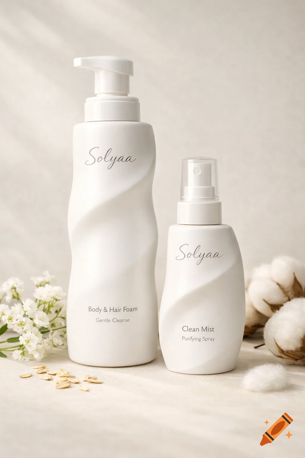 Two matte white Solyaa cosmetic bottles, a pump bottle and a spray, with cotton, oats, and white flowers on a light background.