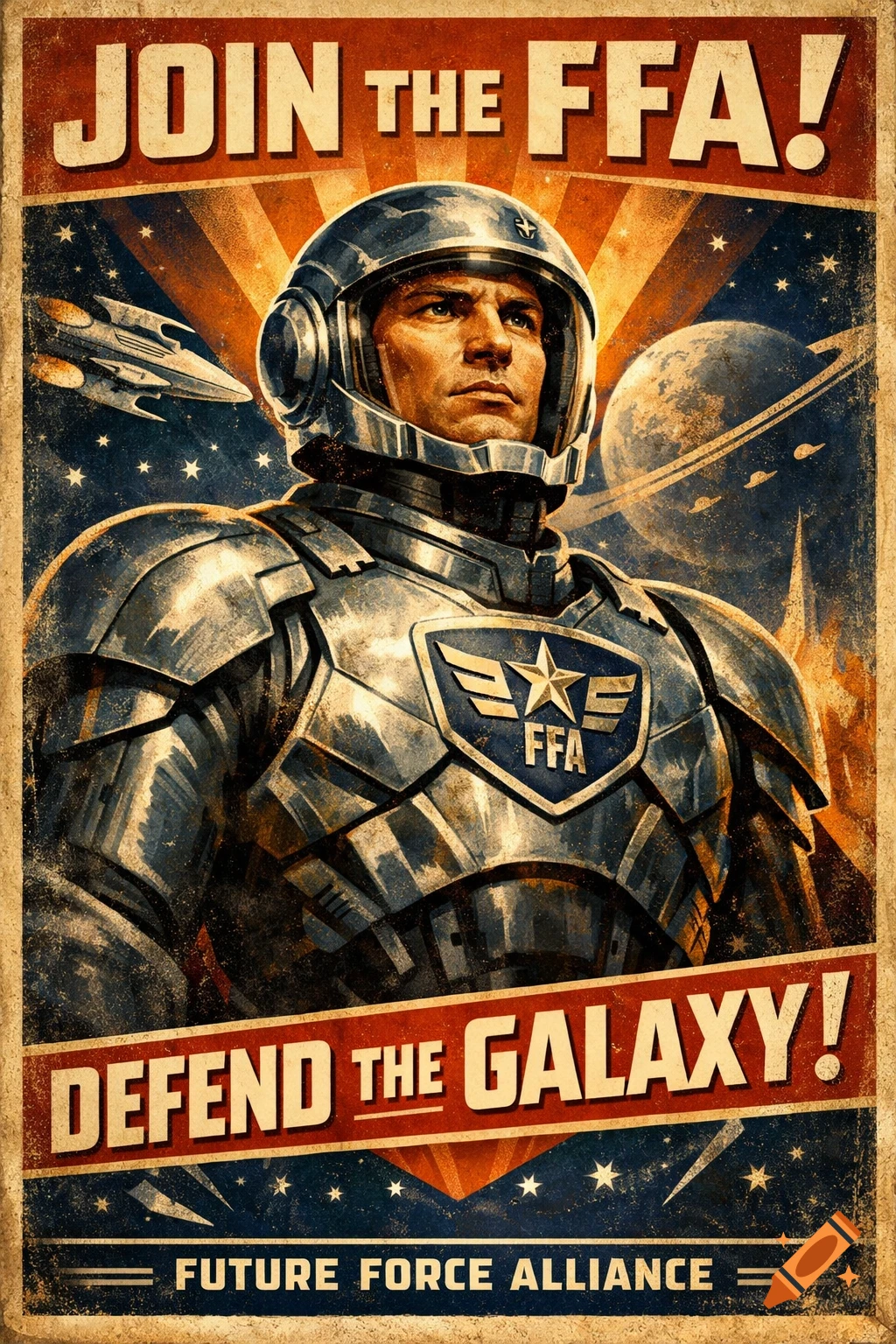 Vintage sci-fi propaganda poster featuring an armored astronaut, spaceship, and planets, with text 'JOIN THE FFA! DEFEND THE GALAXY!'