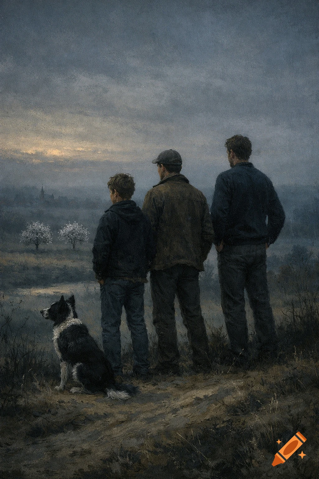 Three men and a dog look out over a misty, dark landscape at dusk, in a moody painting.