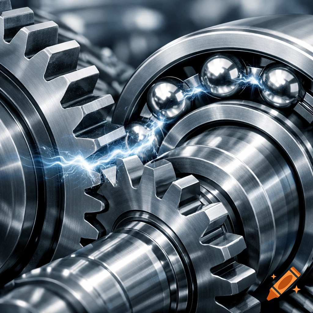 Close-up of shiny metallic gears and a ball bearing with blue electrical energy connecting them.