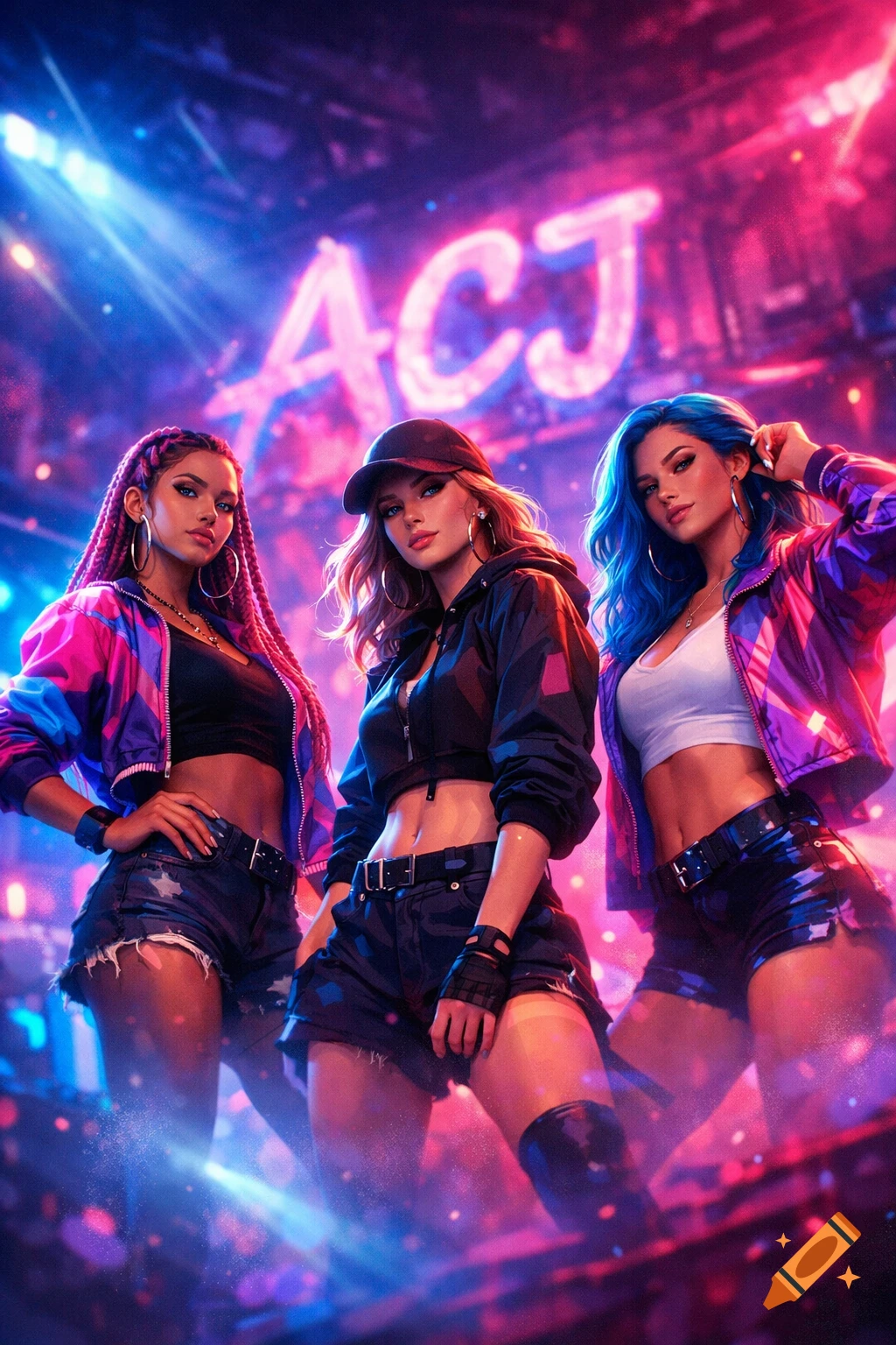 Three confident women pose under vibrant neon blue, pink, and purple lights on a stage with an 'ACJ' sign, in a digital art style.