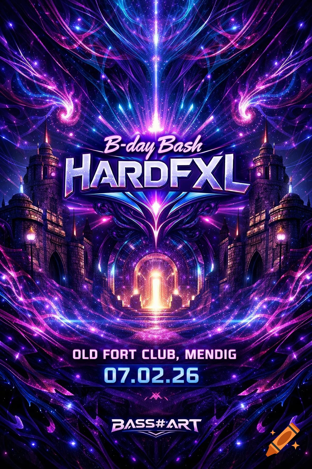 Vibrant psychedelic event flyer for B-day Bash HardFXL at Old Fort Club, with glowing castle architecture and cosmic energy.