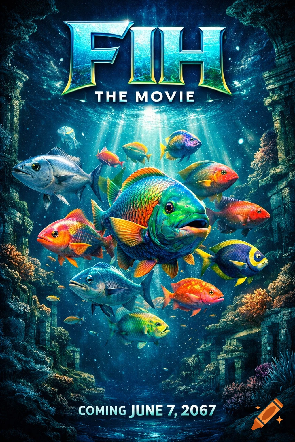 Movie poster for "Fih: The Movie" showing colorful fish swimming around ancient underwater ruins, dated June 7, 2067.