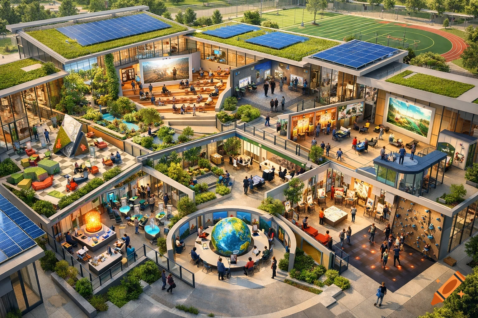 An aerial, detailed 3D architectural drawing of a modern, multi-level high school campus with green roofs, solar panels, various outdoor and indoor learning zones, and numerous students engaging in activities.