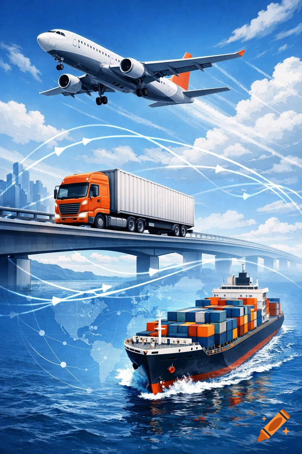 Illustrative global logistics: airplane, orange semi-truck on a bridge, and cargo ship with containers on the ocean, connected by abstract lines.
