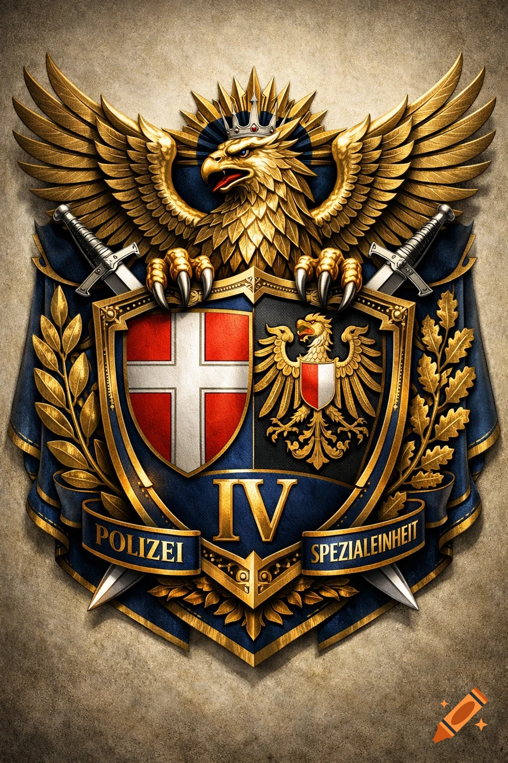 A detailed golden crest featuring a crowned eagle, swords, a shield with a cross and a smaller eagle, and banners reading 'POLIZEI SPEZIALEINHEIT' and 'IV'.