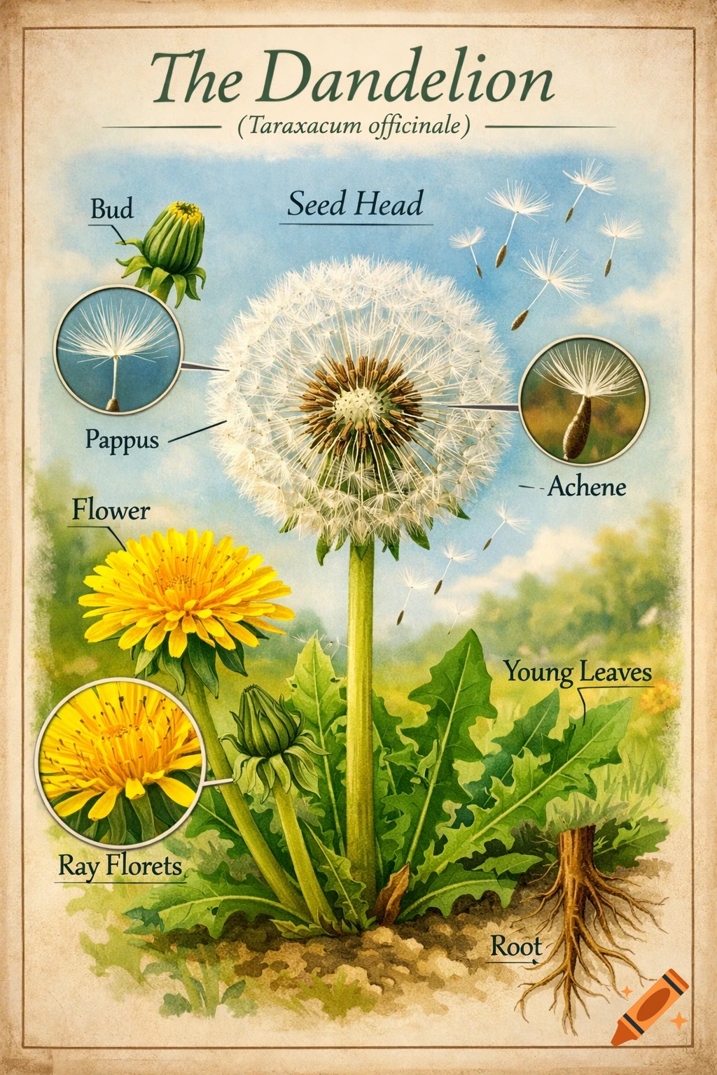 Detailed botanical illustration of a dandelion, showing its flower, seed head, bud, leaves, root, and close-ups of pappus, achene, and ray florets.