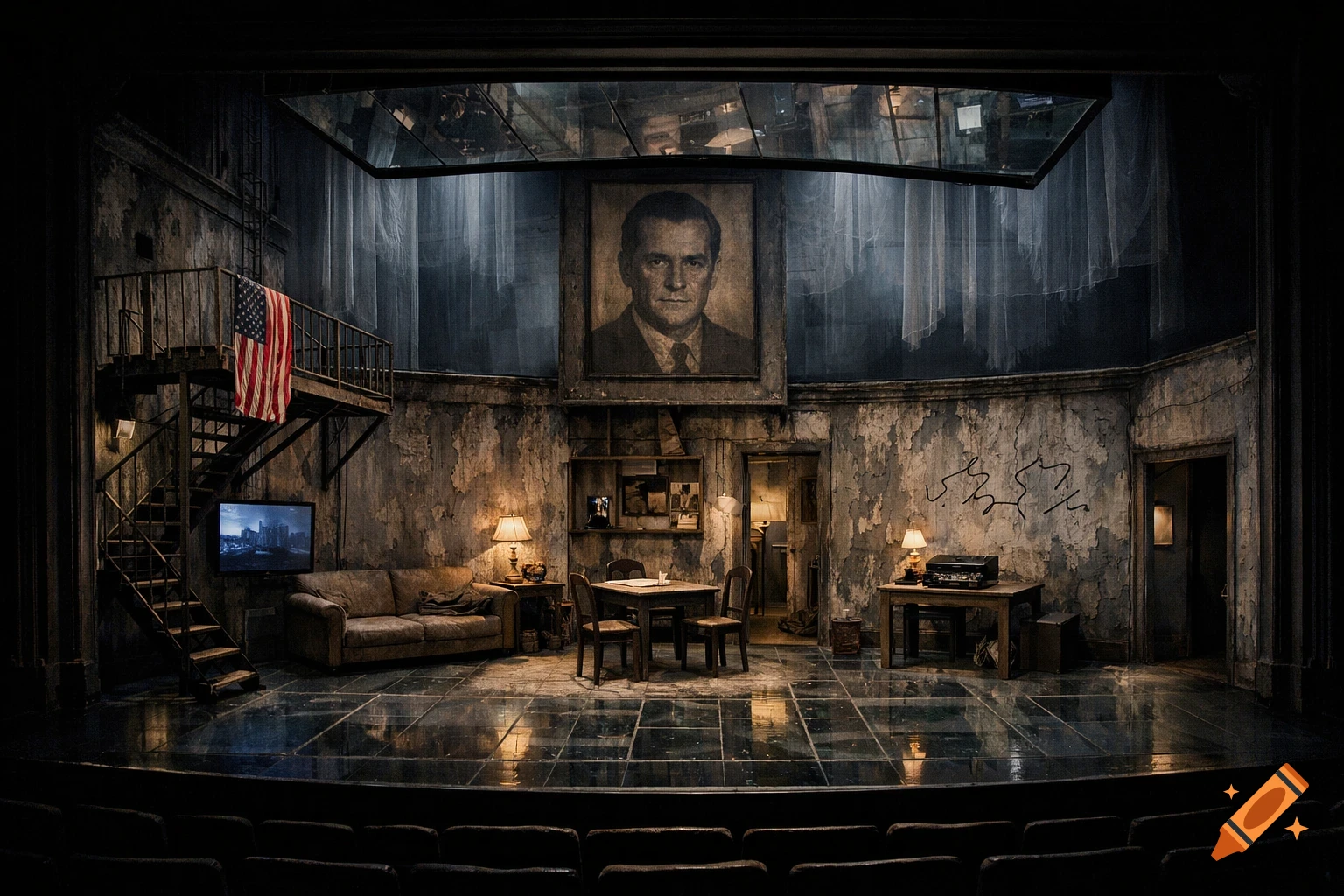 A dramatic, dark stage set for "The Glass Menagerie" with peeling walls, a spiral staircase, an American flag, a large portrait, and sparse furniture.