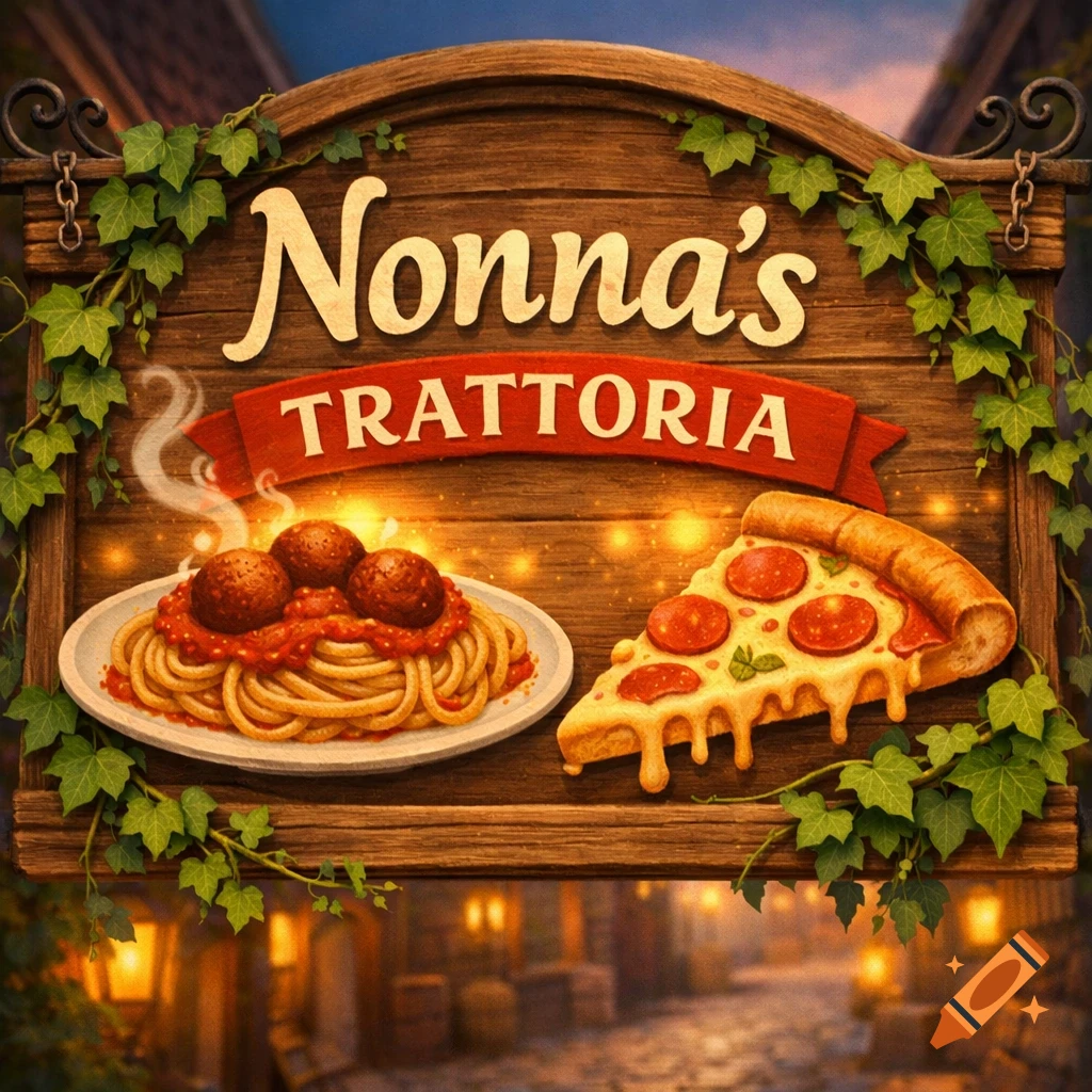 A rustic wooden sign for "Nonna's Trattoria" featuring a plate of spaghetti and meatballs and a slice of pepperoni pizza.