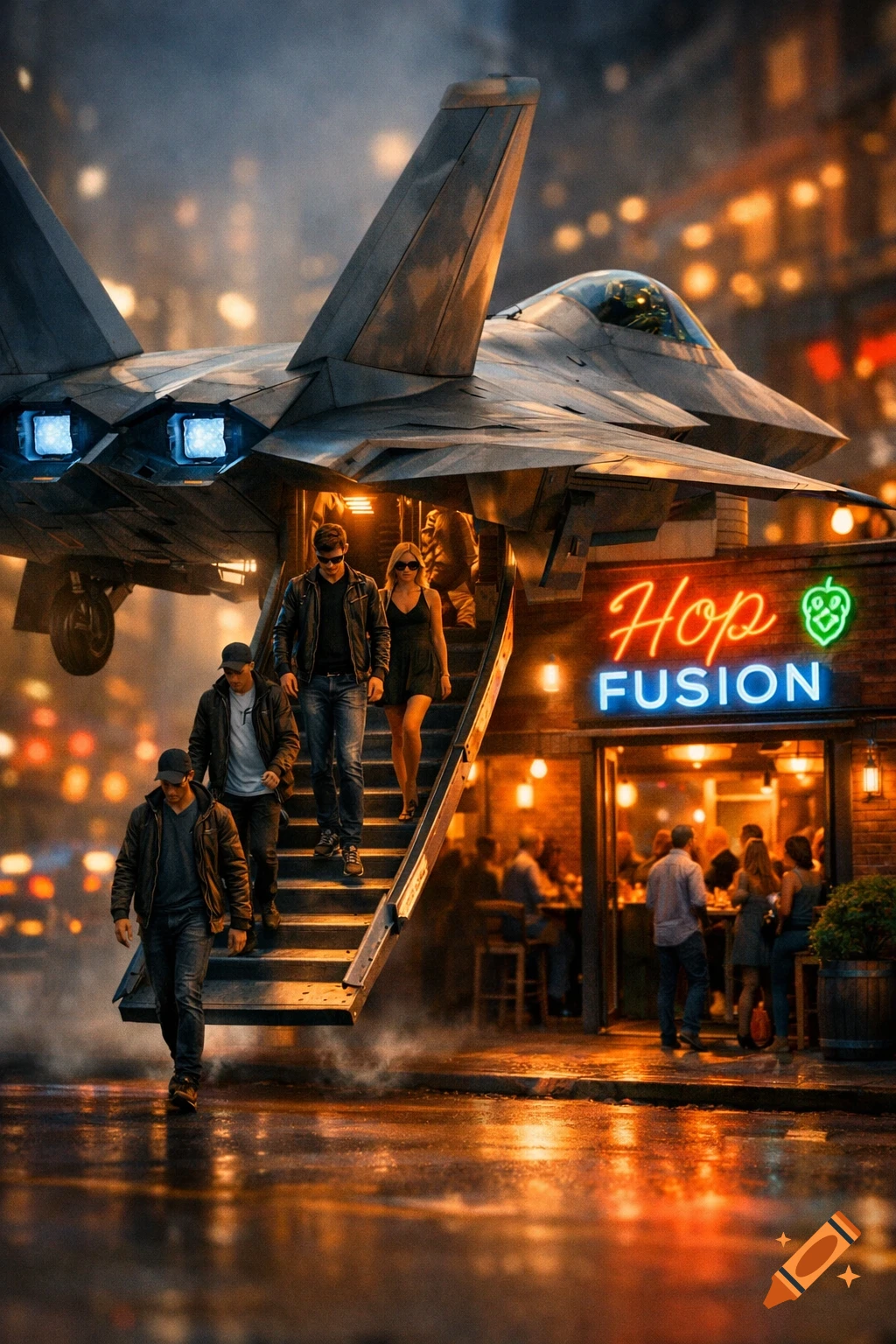 Photorealistic F22 jet landing people at a neon-lit bar 'Hop FUSION' on a wet city street at night.