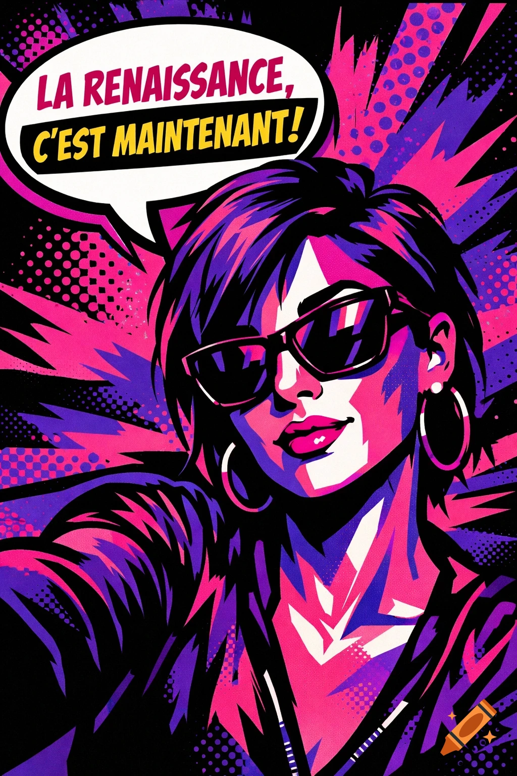 Vibrant pop art portrait of a woman in sunglasses with a speech bubble saying 'LA RENAISSANCE, C'EST MAINTENANT!'.