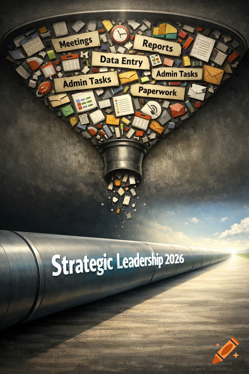 A funnel overflowing with 'Meetings', 'Reports', 'Data Entry', 'Admin Tasks', 'Paperwork' flows into a dark area above a pipe labeled 'Strategic Leadership 2026' extending towards a bright horizon.