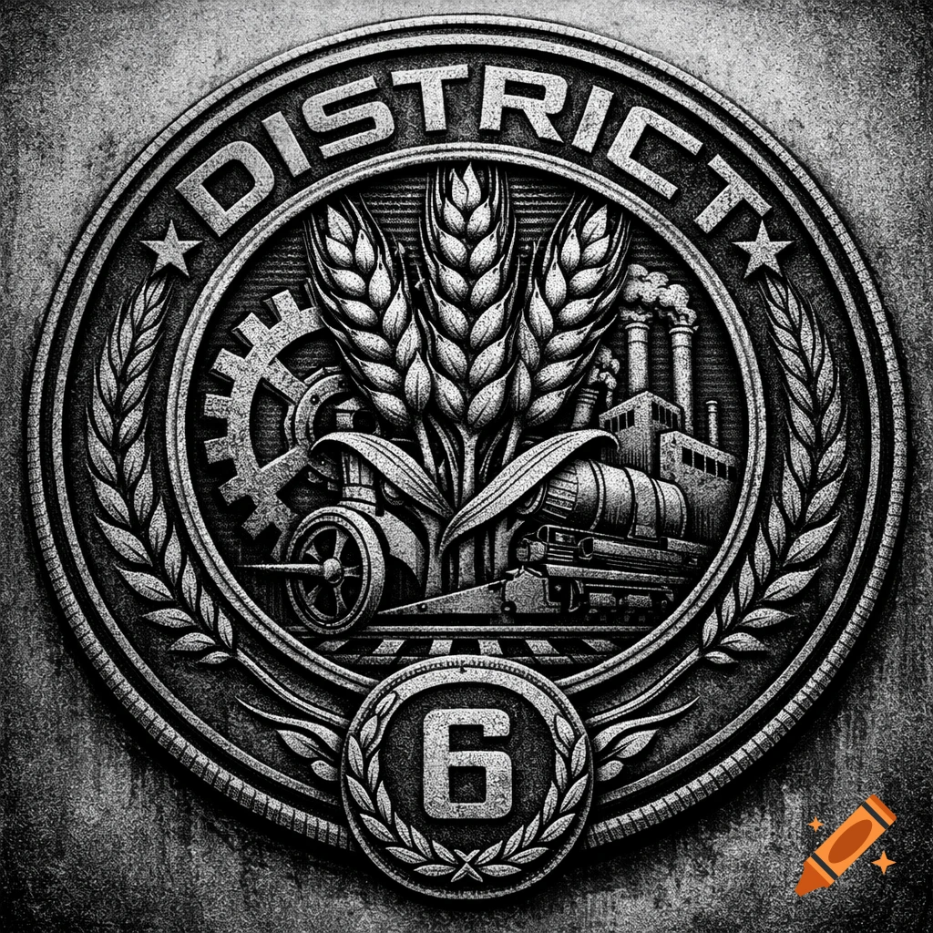 Black and white engraved circular seal with 'DISTRICT' at the top and '6' at the bottom, featuring wheat, a gear, a train, and factory buildings.