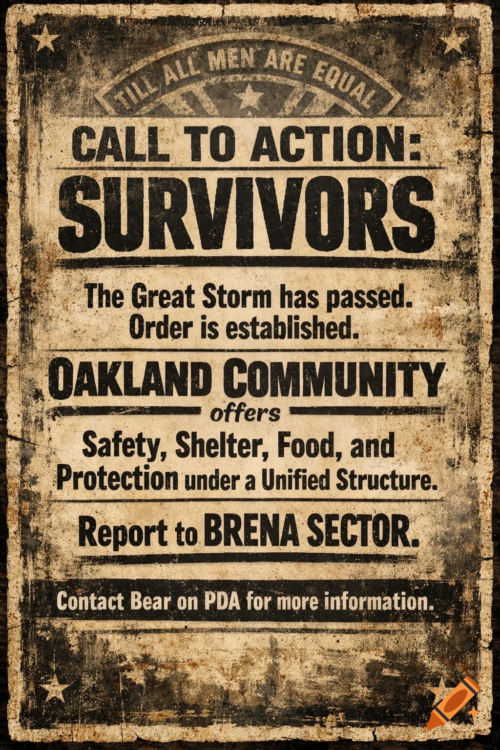 Gritty, worn post-apocalyptic propaganda flyer from Oakland Community, calling survivors to safety and order. Reads 'Till All Men Are Equal'.
