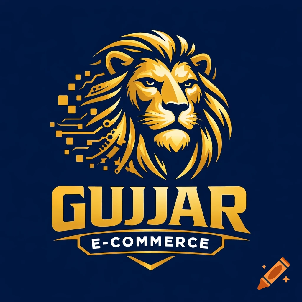 A golden lion head logo with a digital circuit pattern in its mane, above the text "GUJJAR E-COMMERCE" on a dark blue background.