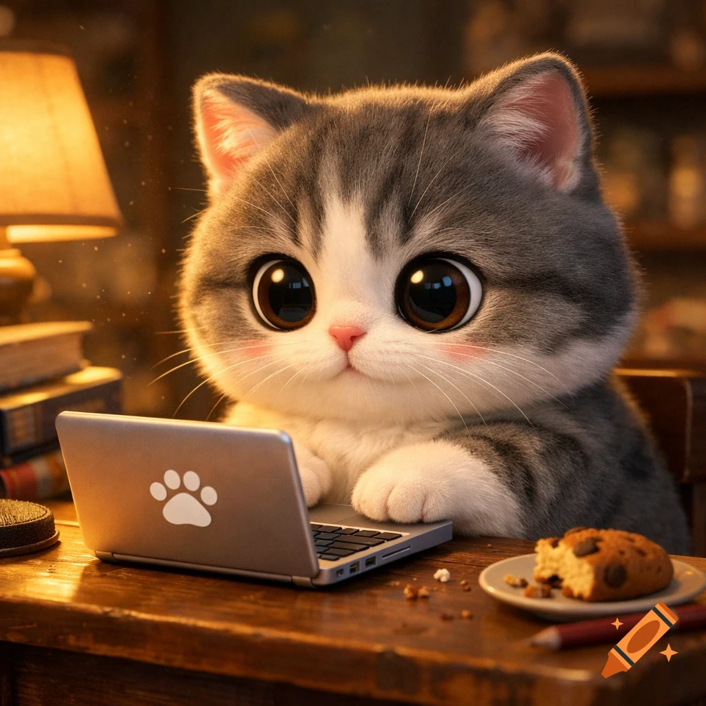 A cute Pixar-style animated kitten sits at a desk using a silver laptop with a paw print logo, in a warm, cozy room.