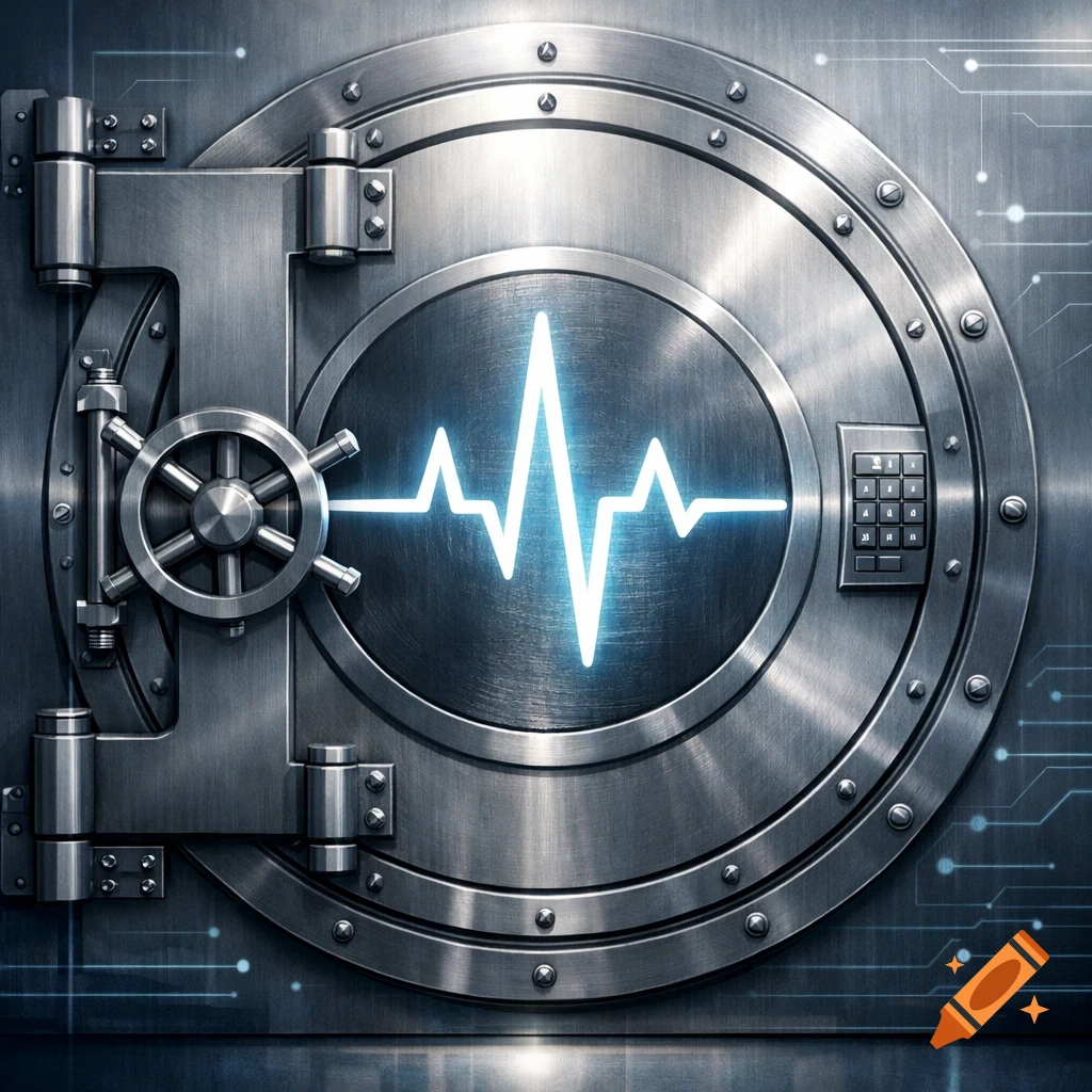 Close-up of a metallic vault door featuring a large locking wheel, a keypad, and a glowing blue ECG waveform on its center.