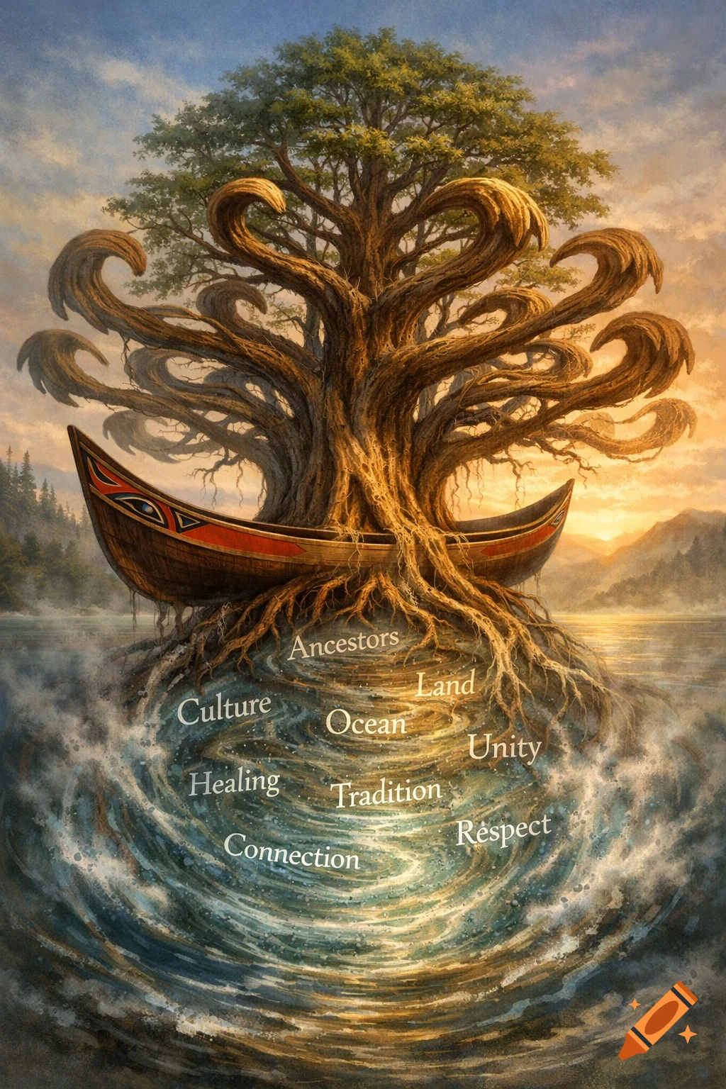 Painterly illustration of a gnarled tree with a canoe integrated into its roots, rising from swirling water with words like 'Ancestors' and 'Culture'.
