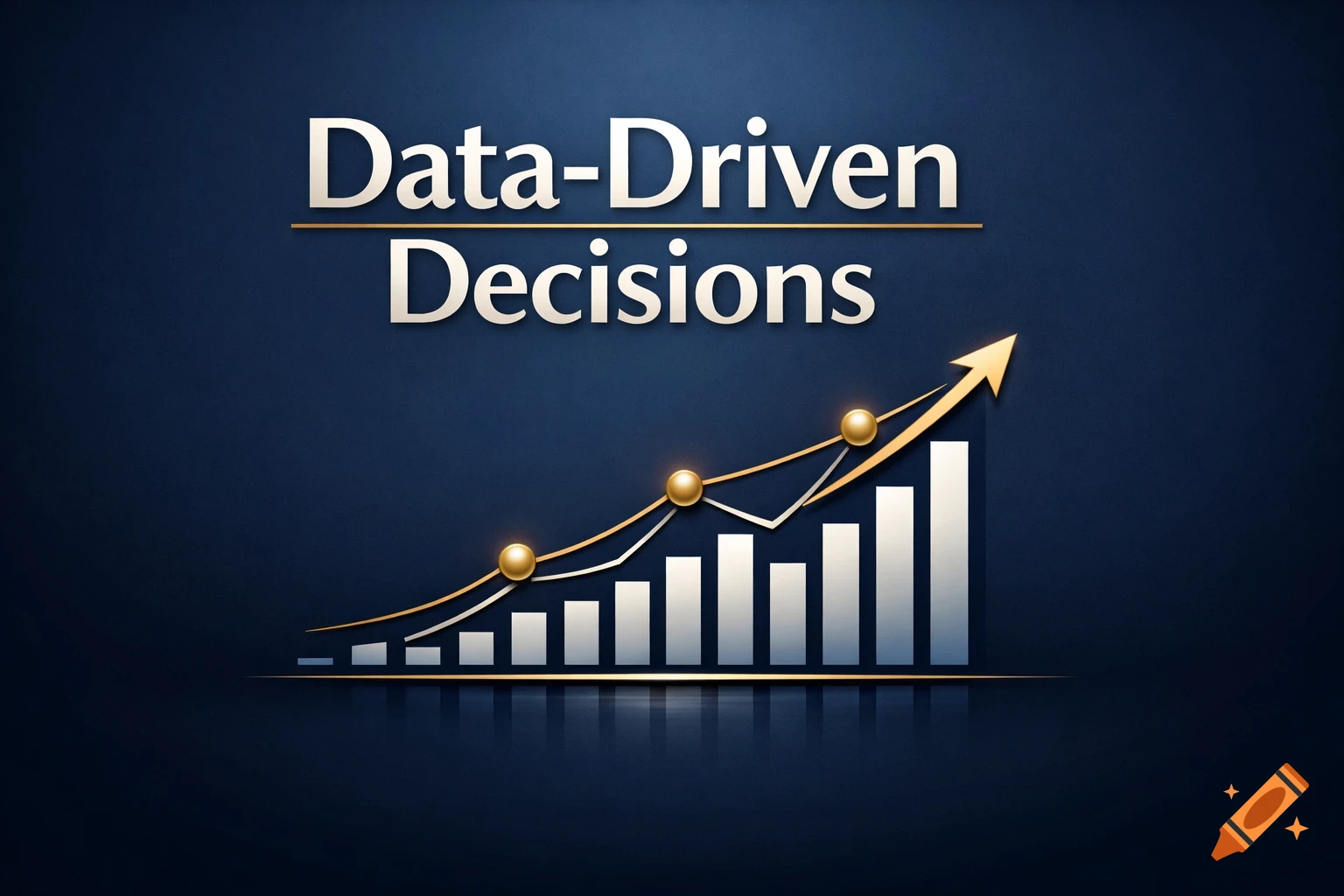 Text 'Data-Driven Decisions' above a bar chart with an upward trend line and golden spheres on a dark blue background.