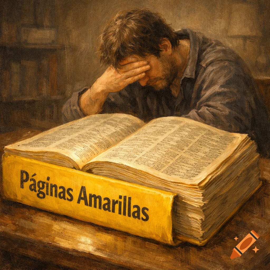 A frustrated man buries his face in his hand while reading a large, open yellow book titled 'Páginas Amarillas' in a painterly style.