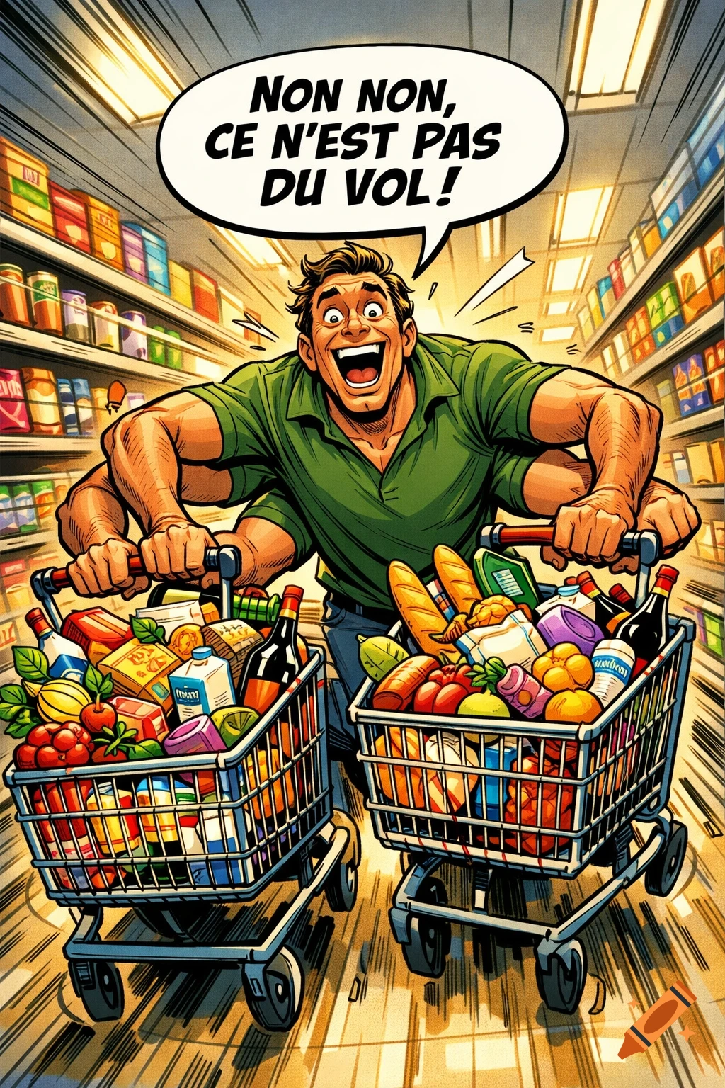 Comic art of a four-armed man laughing while pushing two overflowing shopping carts in a supermarket. A speech bubble says 'NON NON, CE N'EST PAS DU VOL!'