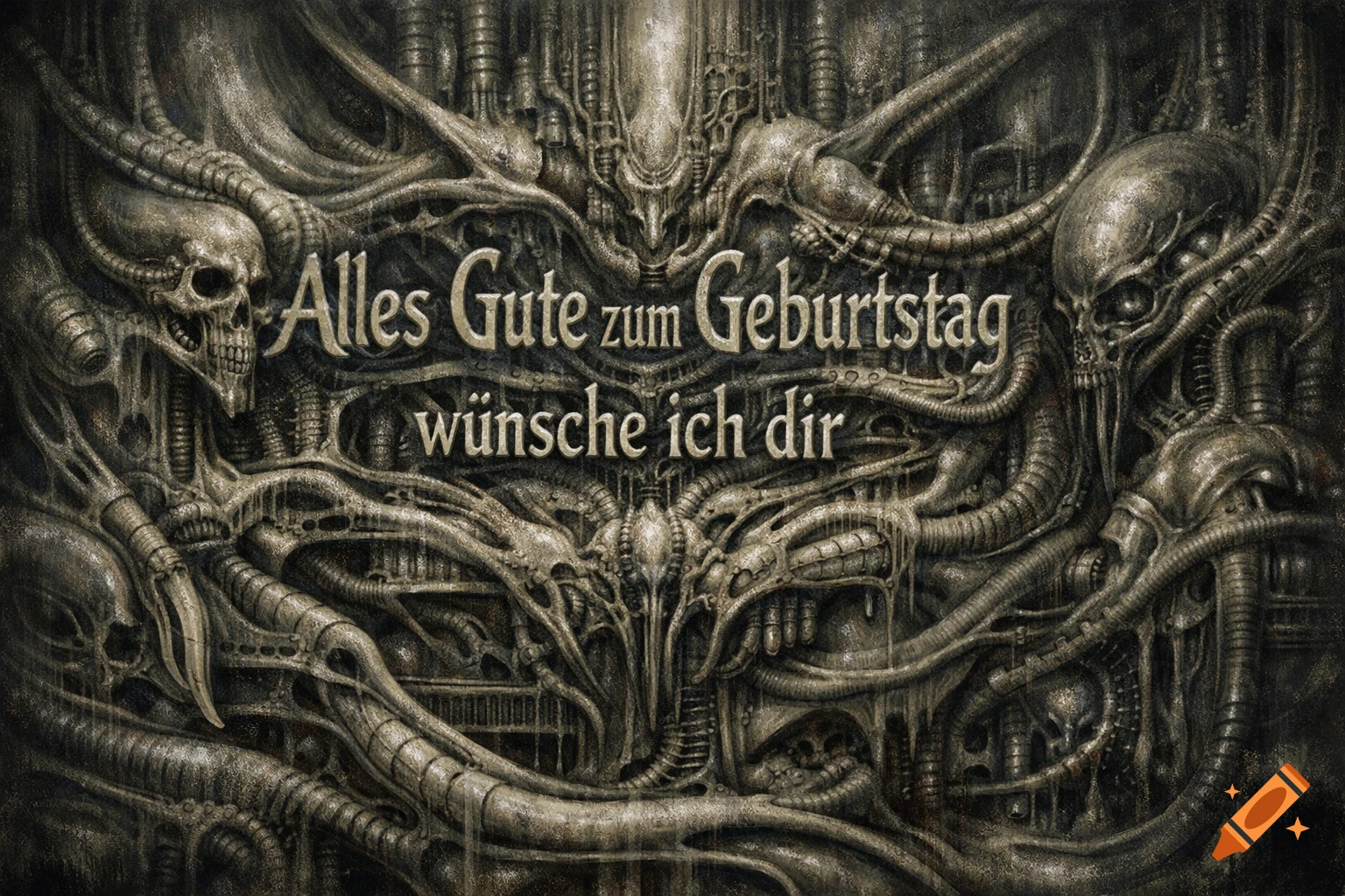 H.R. Giger-style biomechanical birthday card with skulls, tubes, and German text: 'Alles Gute zum Geburtstag wünsche ich dir'.