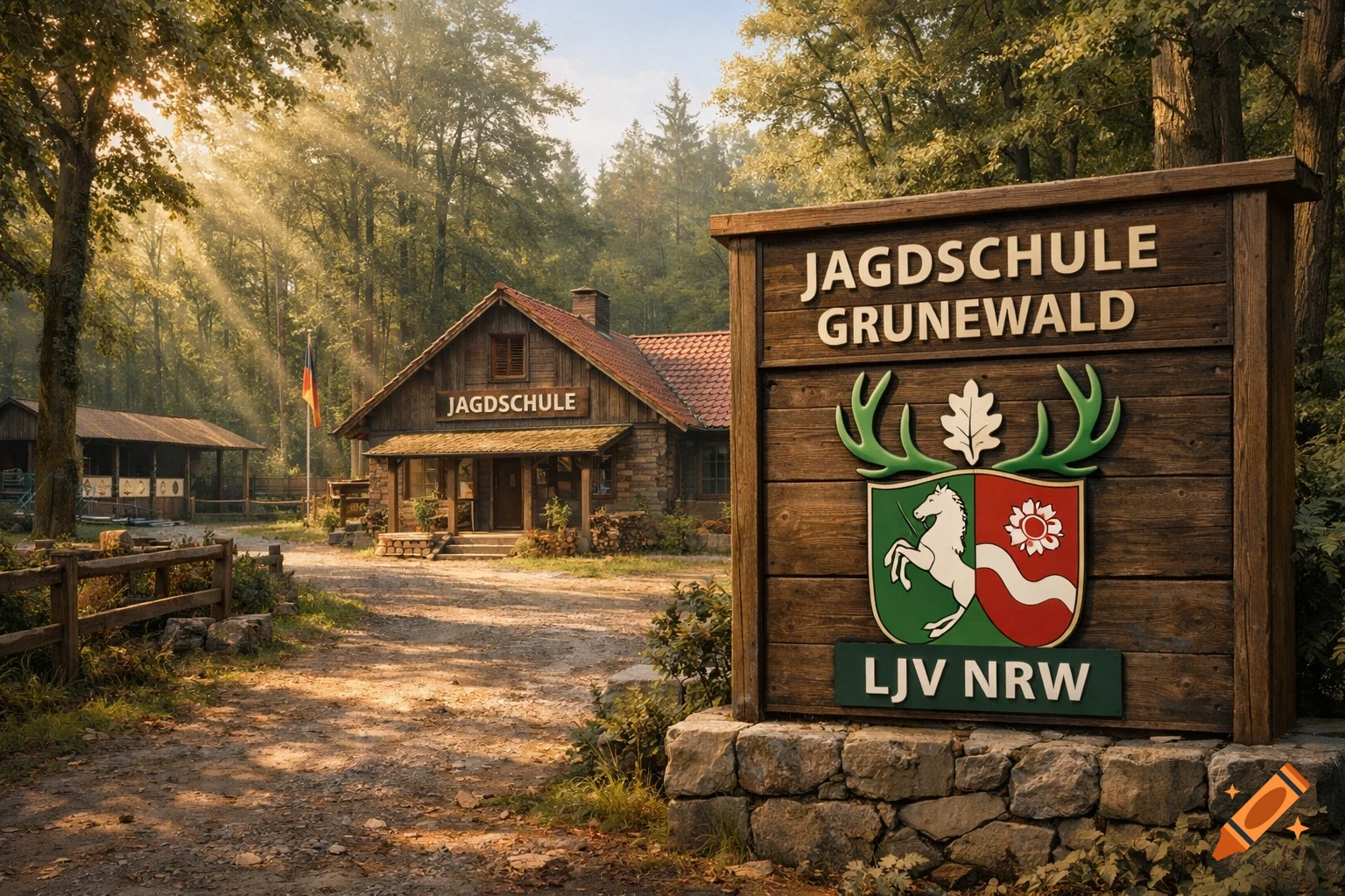 A rustic wooden hunting school building with a prominent sign for 'JAGDSCHULE GRUNEWALD' set in a sunlit forest, with a German flag flying.