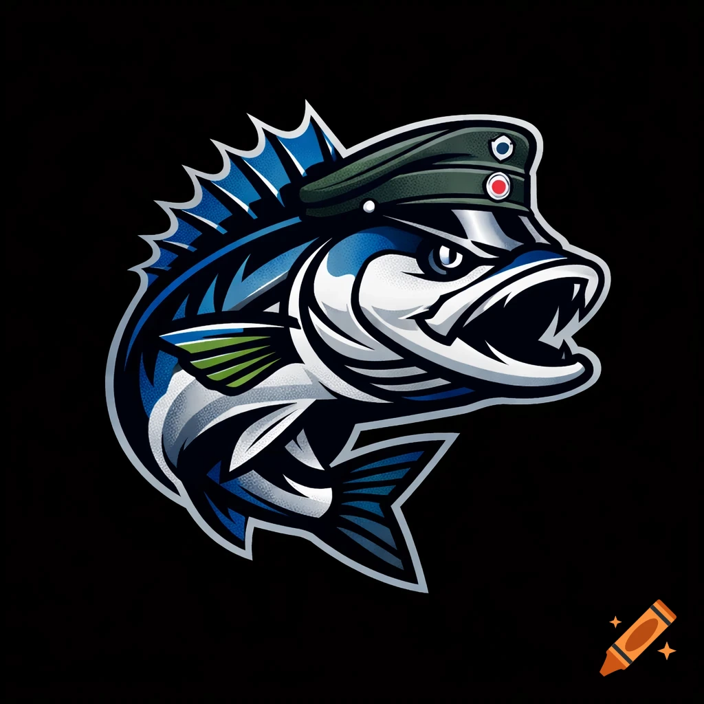 Stylized logo of a blue and white fish, possibly a pike-perch, wearing a dark green field cap, set against a black background.