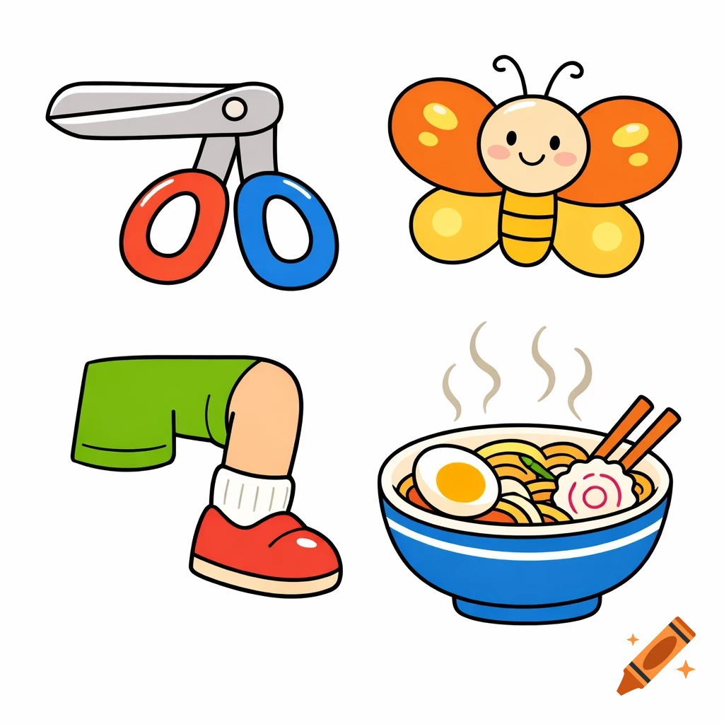 Four simple cartoon illustrations: red and blue scissors, a smiling butterfly, a leg in green shorts and red shoe, and a bowl of ramen.