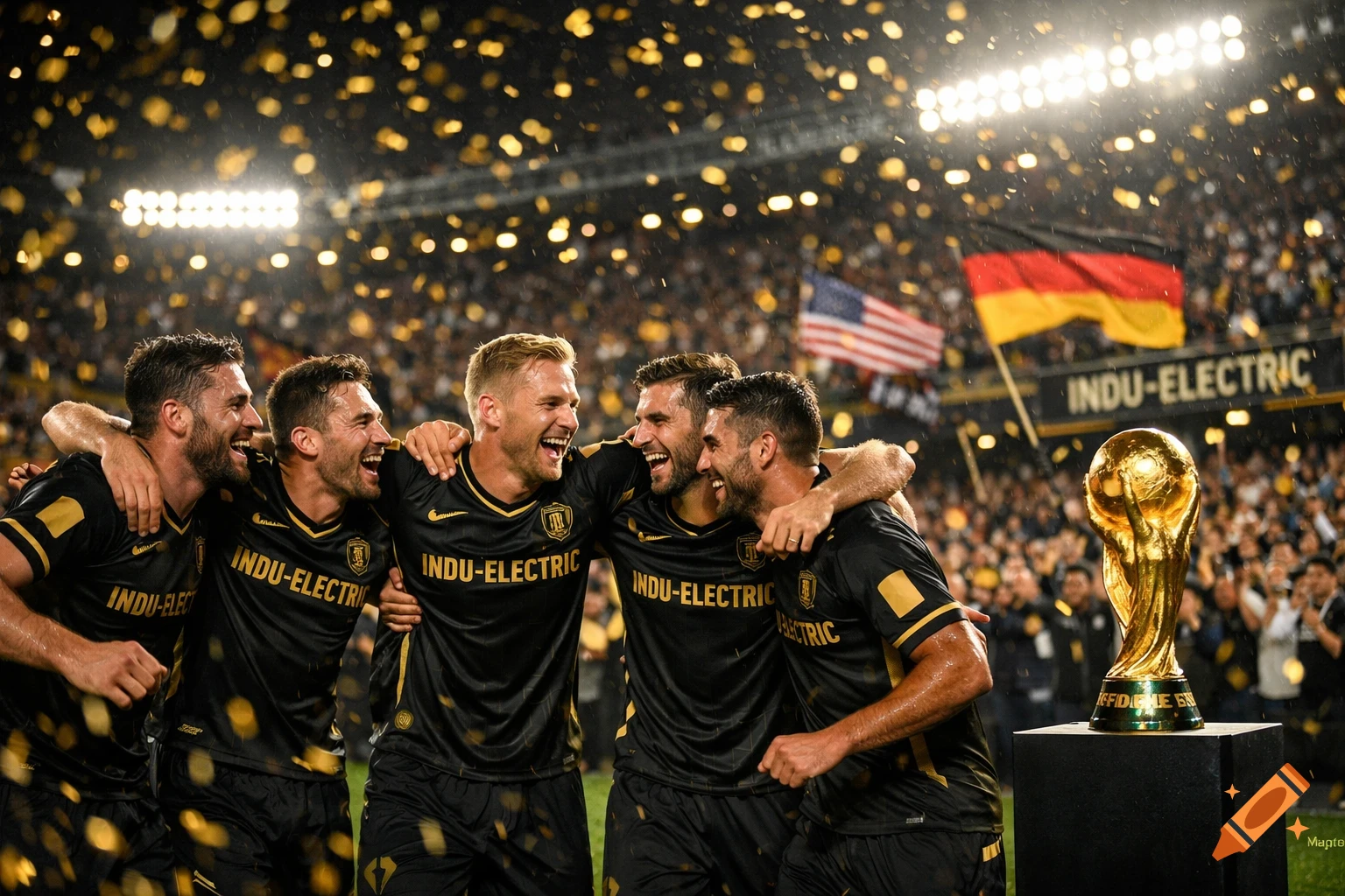 Soccer players in black and gold jerseys celebrate on a field with confetti falling, a golden trophy, and national flags in the background, including a German flag.