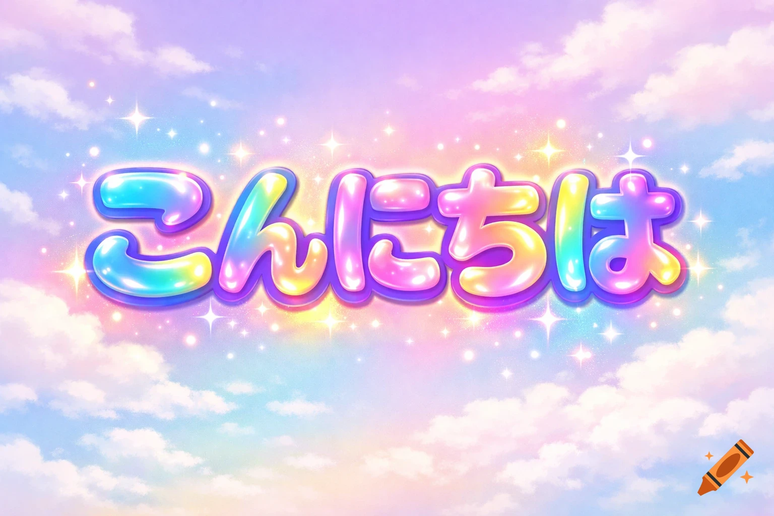 Bubbly, rainbow-colored Japanese text 'Hello' against a sparkling pastel sky with clouds.