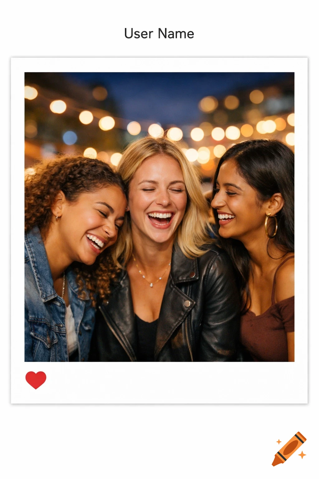Three diverse young women laughing joyfully during a night out, presented in an Instagram-style post with 'User Name' and a heart icon.