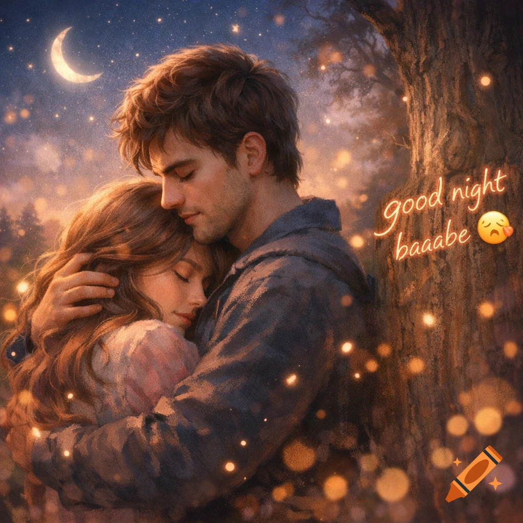 A romantic couple embraces under a starry night sky with a crescent moon and glowing lights. Text says 'good night baaabe'.
