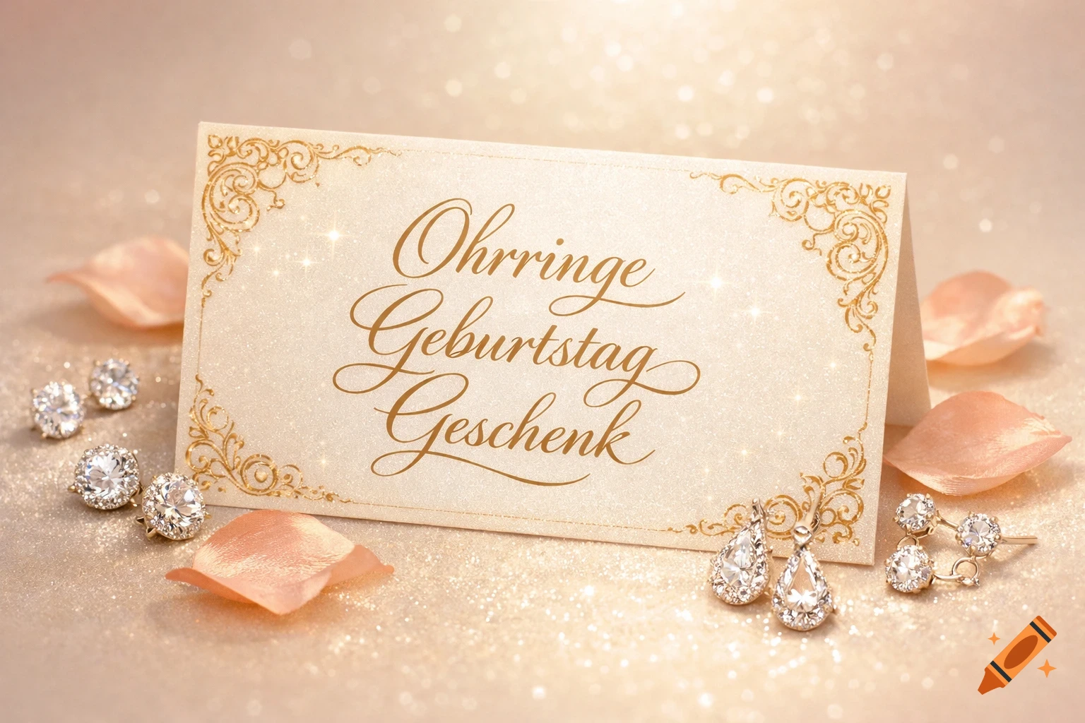 A glittering gold card with 'Ohrringe Geburtstag Geschenk' in script, surrounded by sparkling diamond earrings and rose petals.
