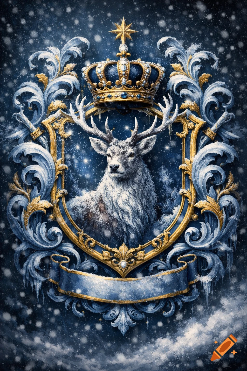 An ornate winter heraldic crest featuring a white deer with antlers in a gold frame, topped by a blue and gold crown with a star. Snow falls on a dark blue background with icy scrollwork.
