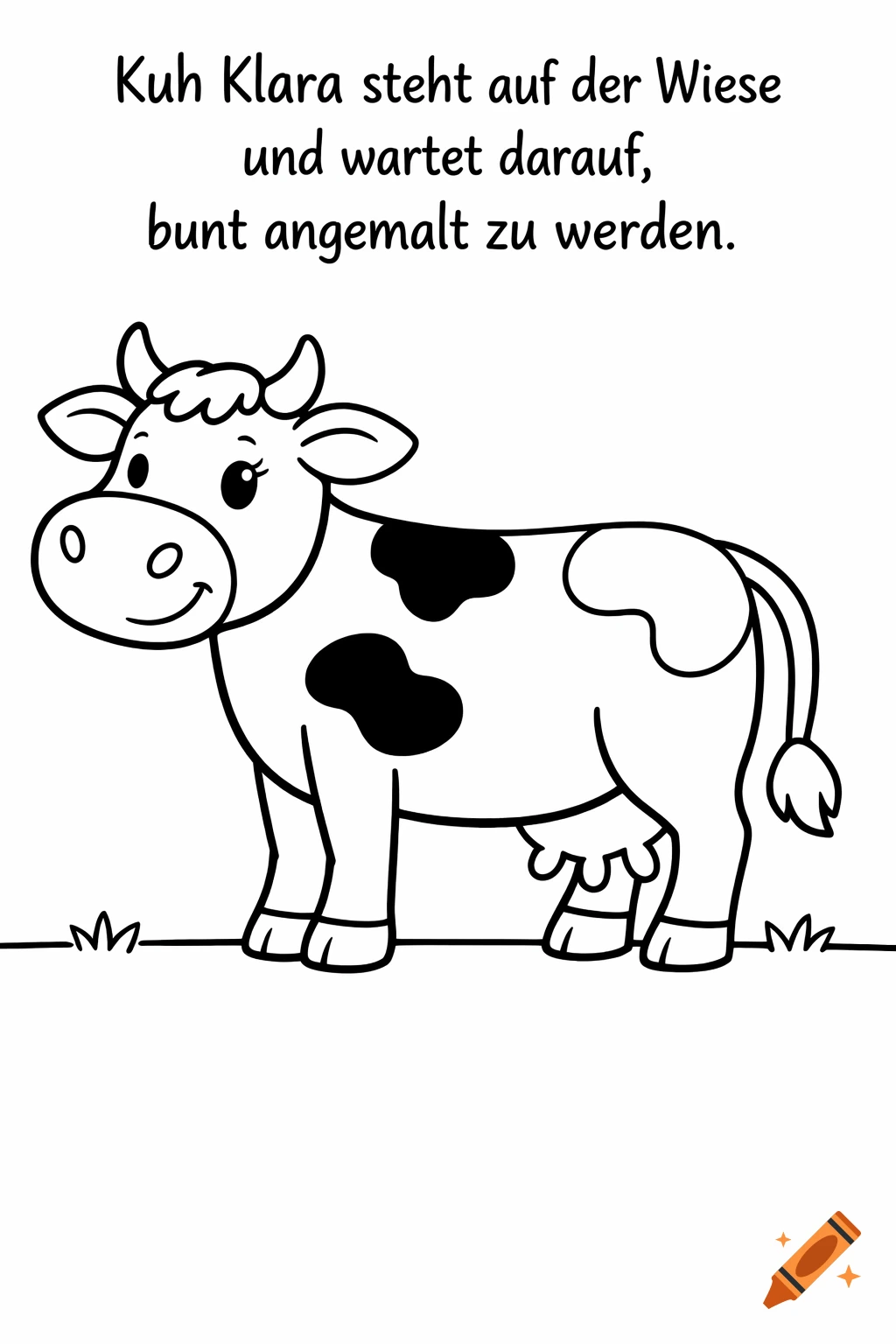 Black and white cartoon coloring page of a friendly cow standing in a field with German text above it.