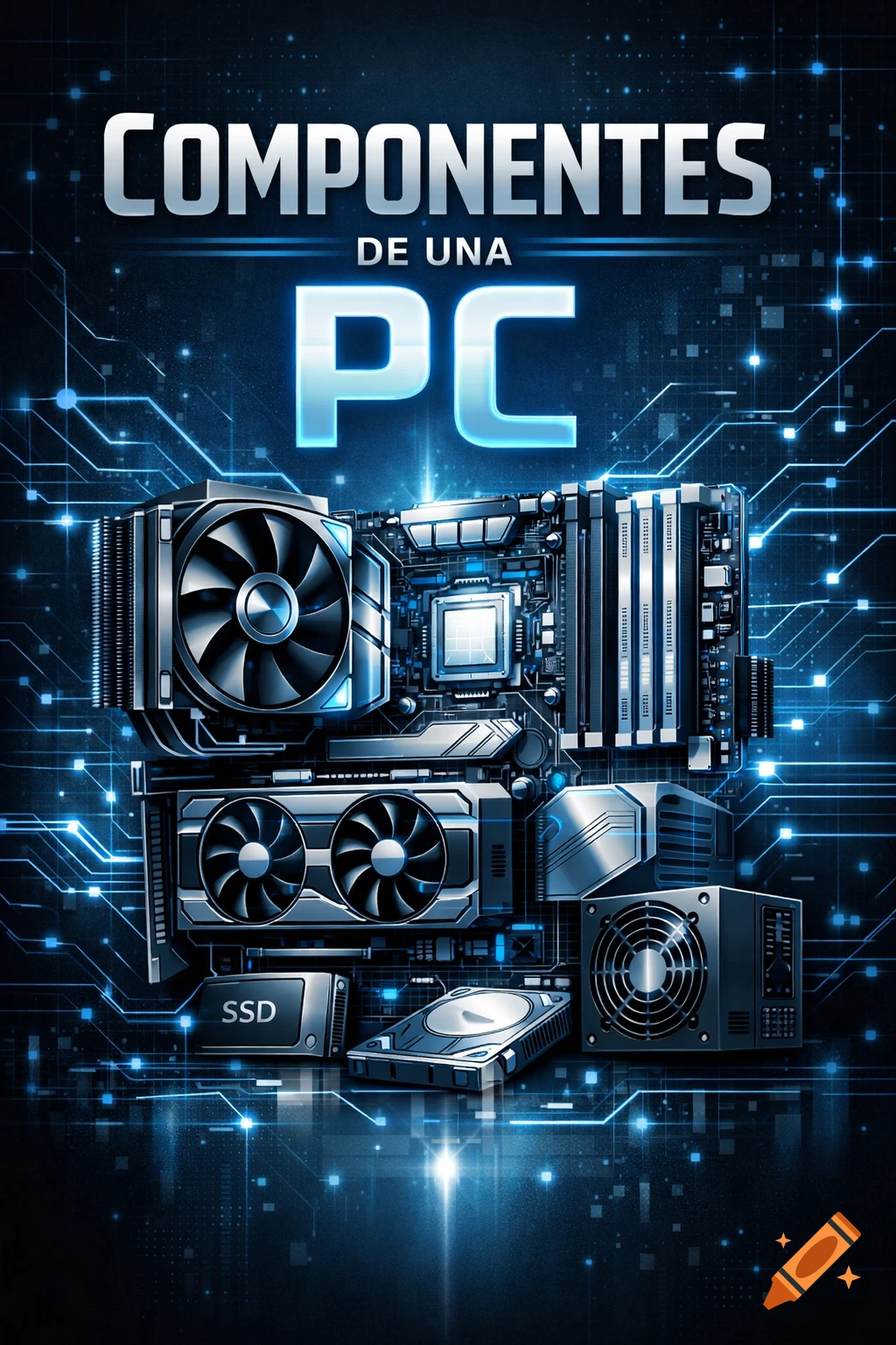 Digital art of PC components (CPU, GPU, RAM, SSD) with glowing blue circuits on a dark background. Text: 'COMPONENTES DE UNA PC'.