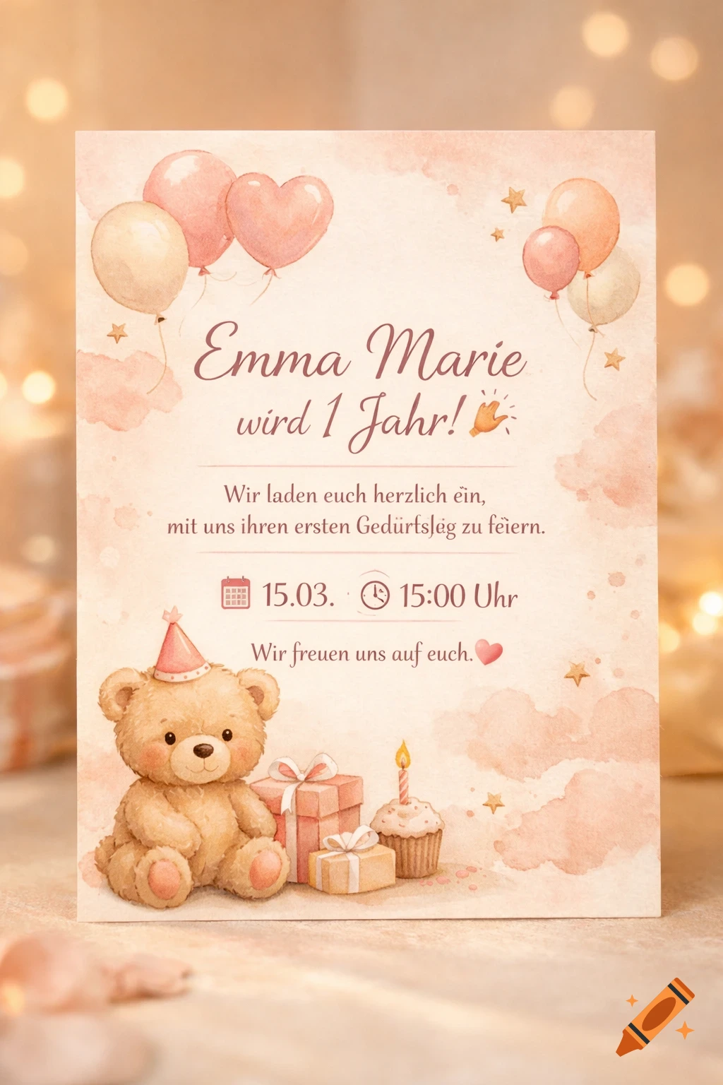 Watercolor birthday invitation for a 1-year-old girl, with a teddy bear, balloons, presents, and a cupcake on a warm background.