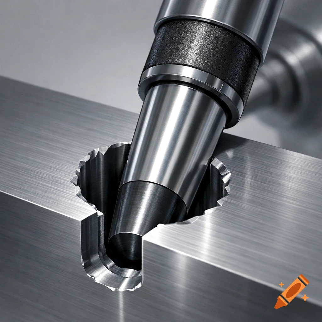 A close-up of a precision cutting tool refining an angular hole in a brushed metal block.